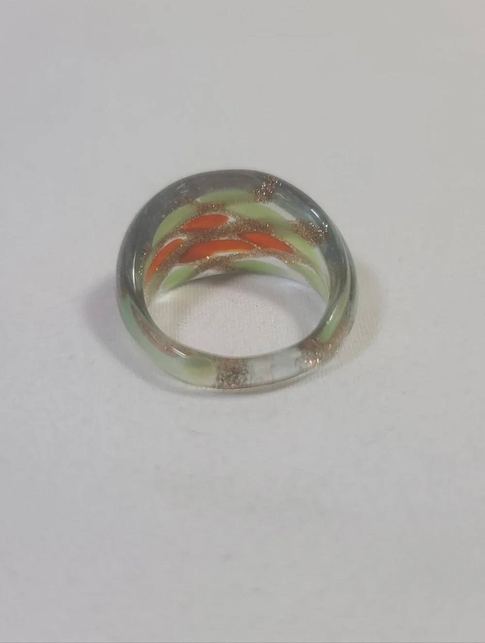 Murano Glass Green Orange Leaf Gold Band Ring Size 9.75